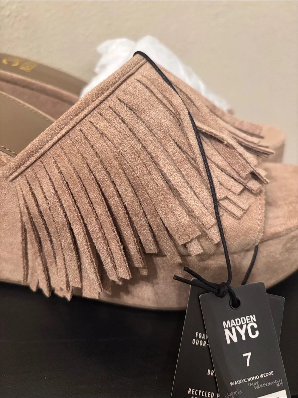 Madden NYC Taupe Suede Fringe Wedge Slide 7